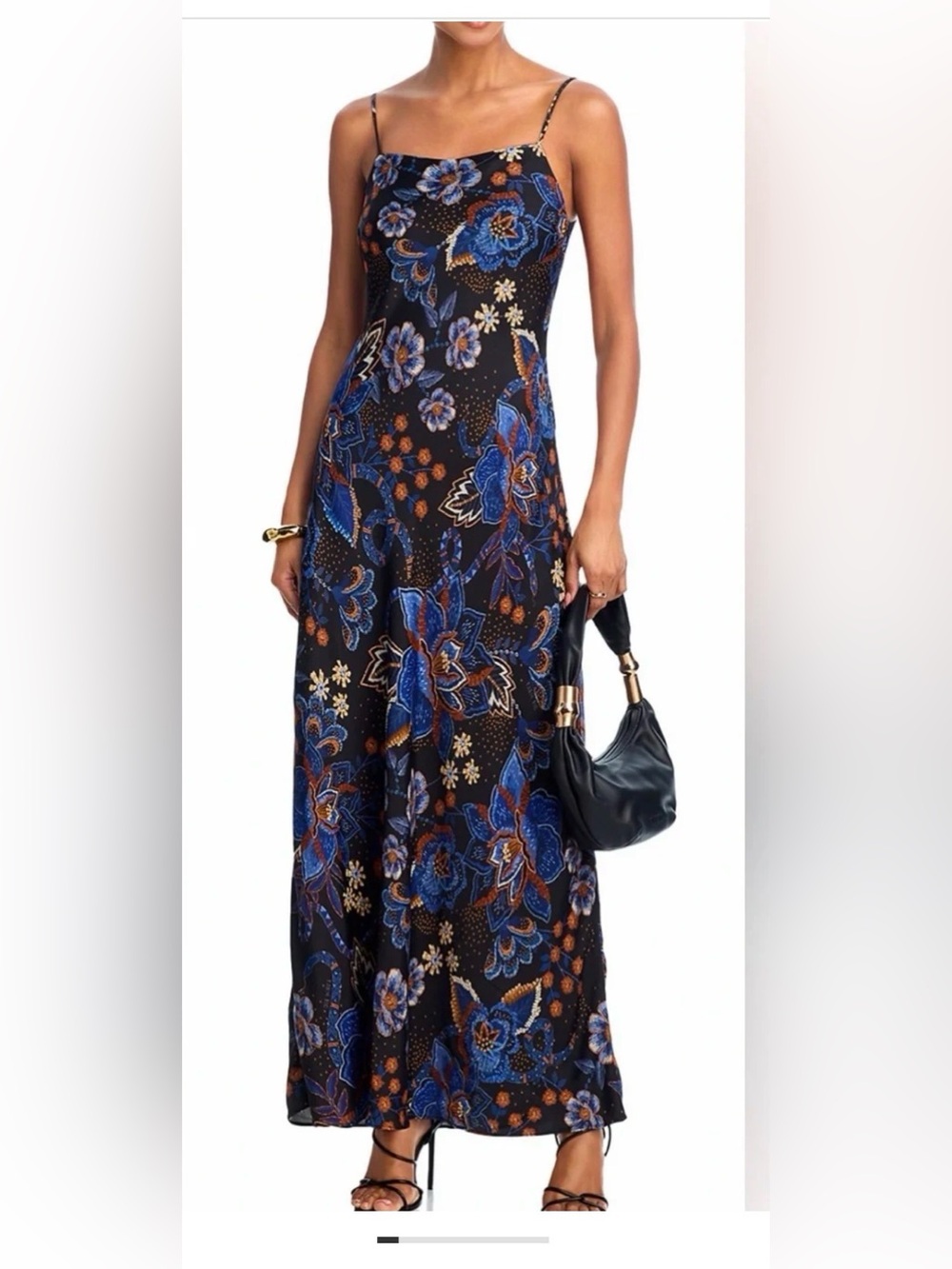 FARM Rio Black Floral Slip Camisole Maxi with Blue & Brown Accents